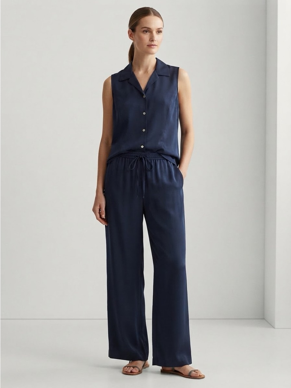 Villager Woman 2 Piece Set Navy Blue Vest Top & Wide Leg Pants 1X / XL